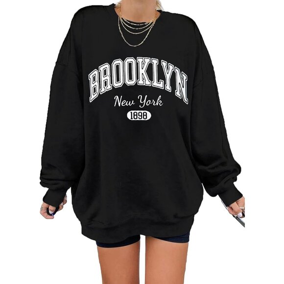 ⚡Women Black Brooklyn Imported Graphic Crewneck Long Sleeve Pullover Sweatshirt - Picture 2 of 5